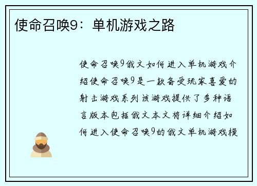 使命召唤9：单机游戏之路